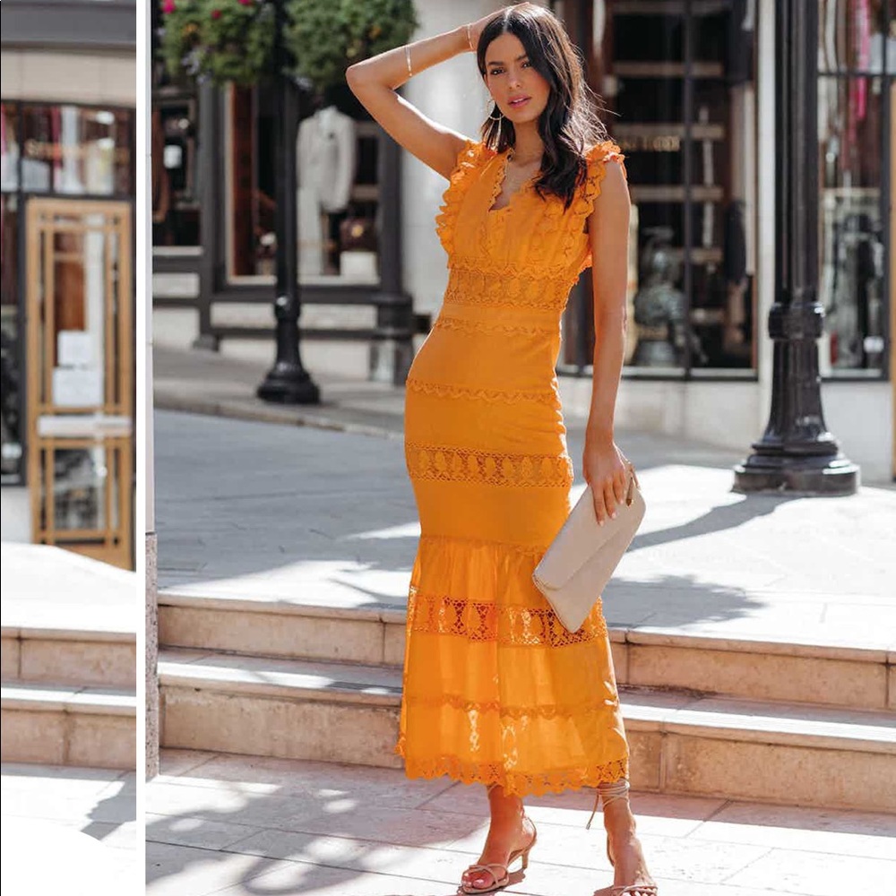 VICI Tangerine Orange - Crochet Tiered MIDI Dress - Cotton Linen - LIKE NEW